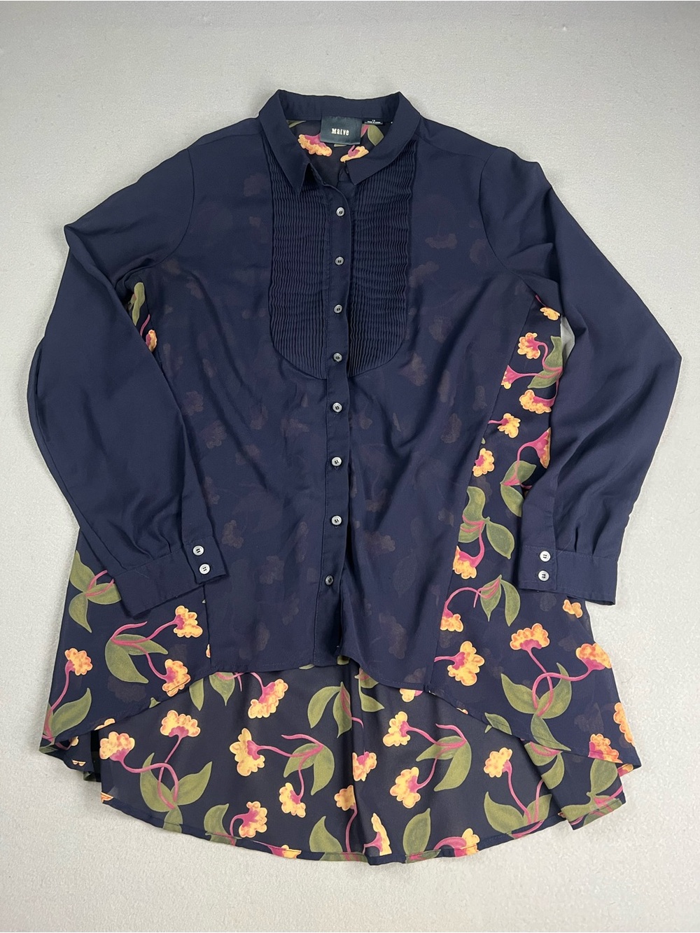 Maeve Ira Sheer Floral Tuxedo Blouse High Low Tunic Top Bib Front Navy